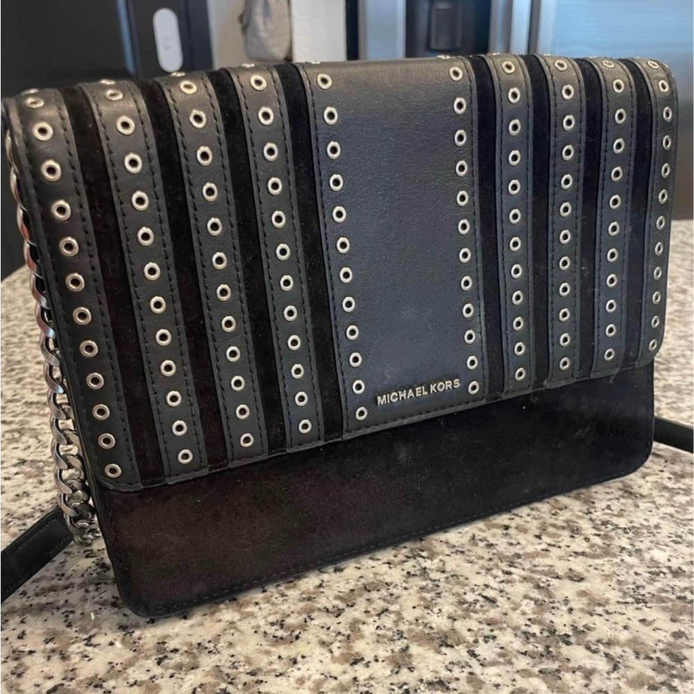 Black suede and leather with grommets, Michael Kors MK handbag purse